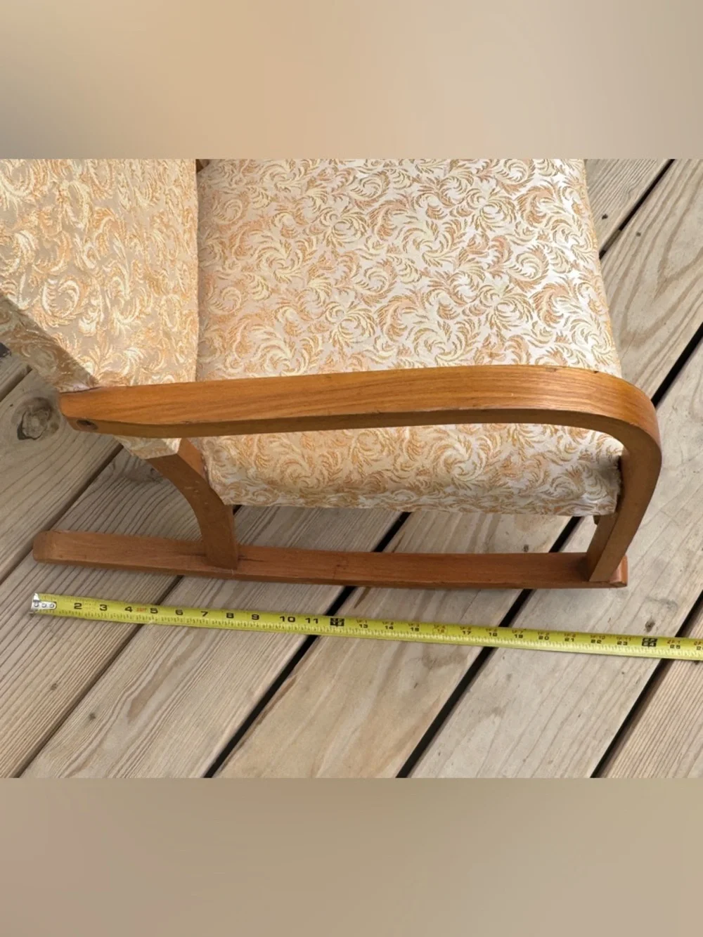 Children’s Vtg Handmade Rocking Chair in Cream Swirl Fabric 23”x23”x16”